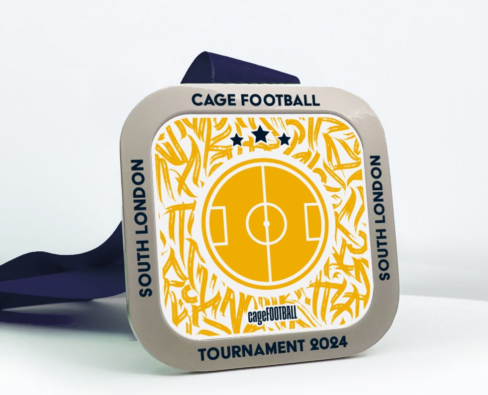 Square silver football medal for Cage Football Tournament 2024
