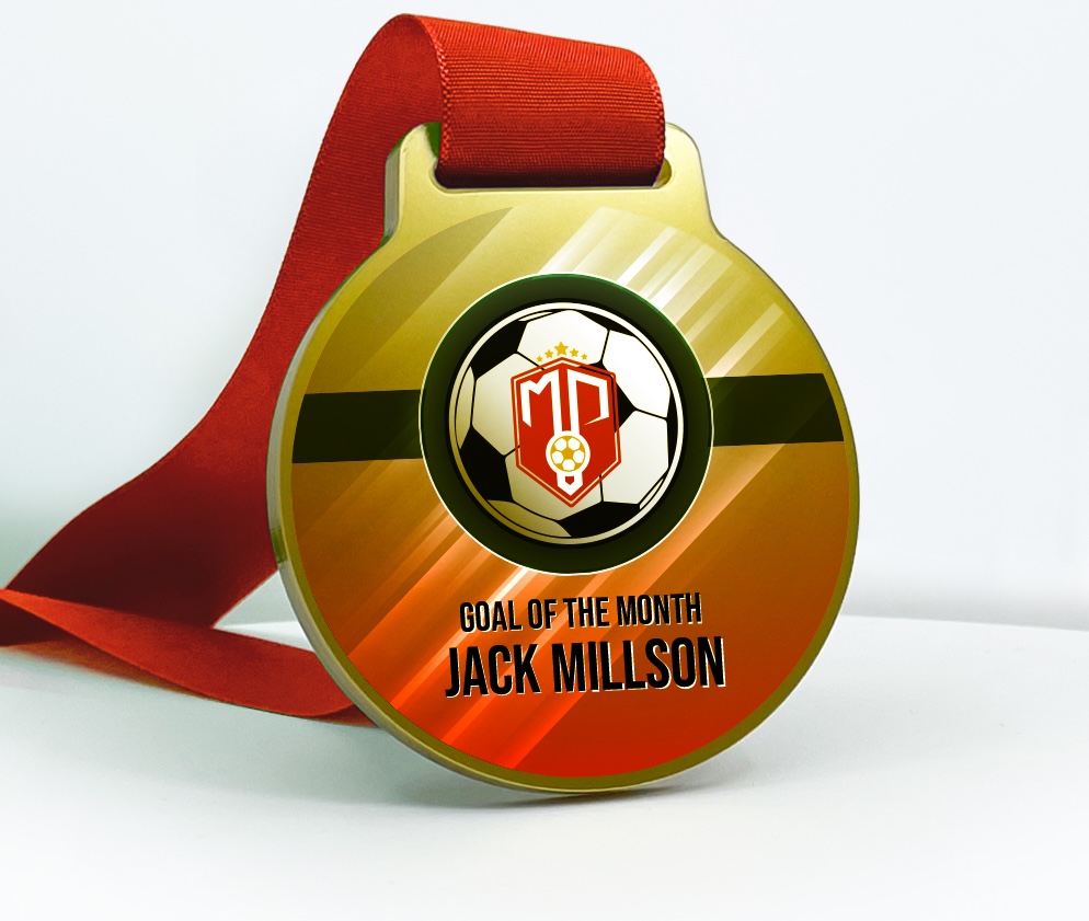 Gold kids football medal with custom team crest and “Goal of the Month – Jack Millson” inscription.