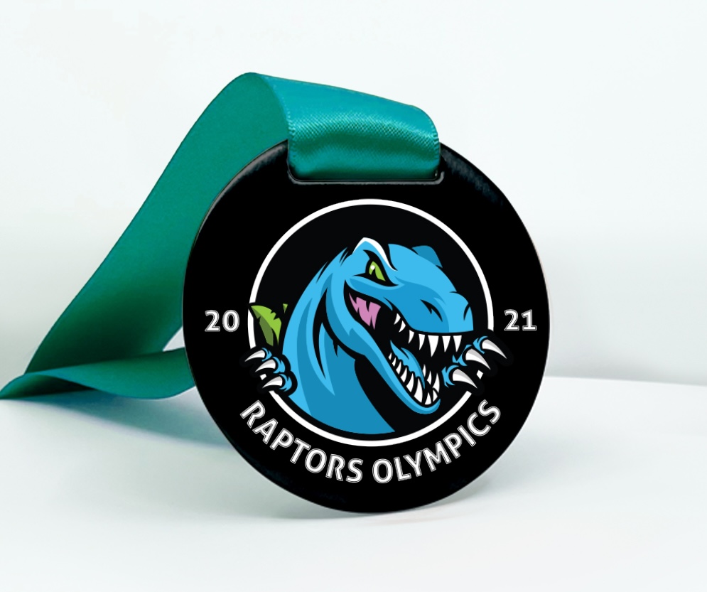 Black kids medal featuring a blue cartoon raptor and “Raptors Olympics 2021” text for sports day events.