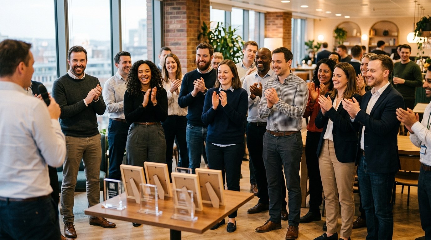 Colleagues applauding at a workplace awards presentation, with personalised awards on a table in the foreground