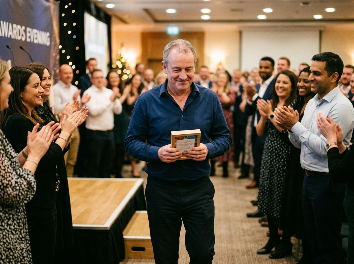 An employee stepping away from the stage holding a personalised award while colleagues applaud