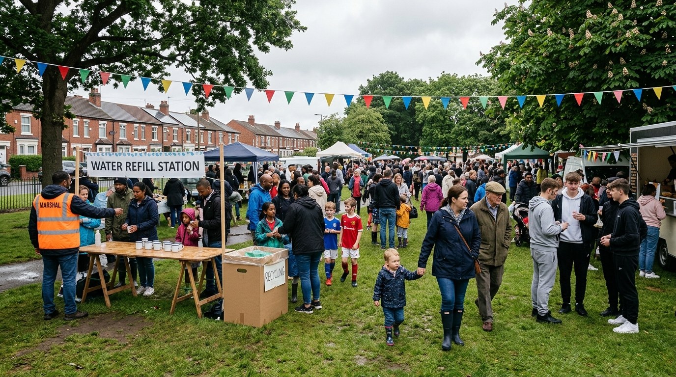 A British community fun day in a park with bunting, trestle tables, reusable cups and a water refill station