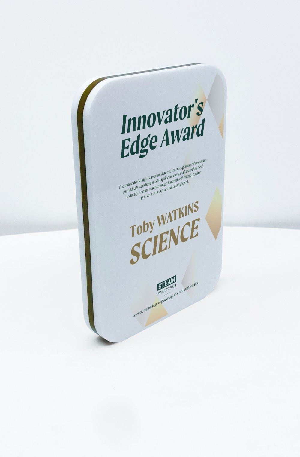 A freestanding printed acrylic award personalised for an individual student