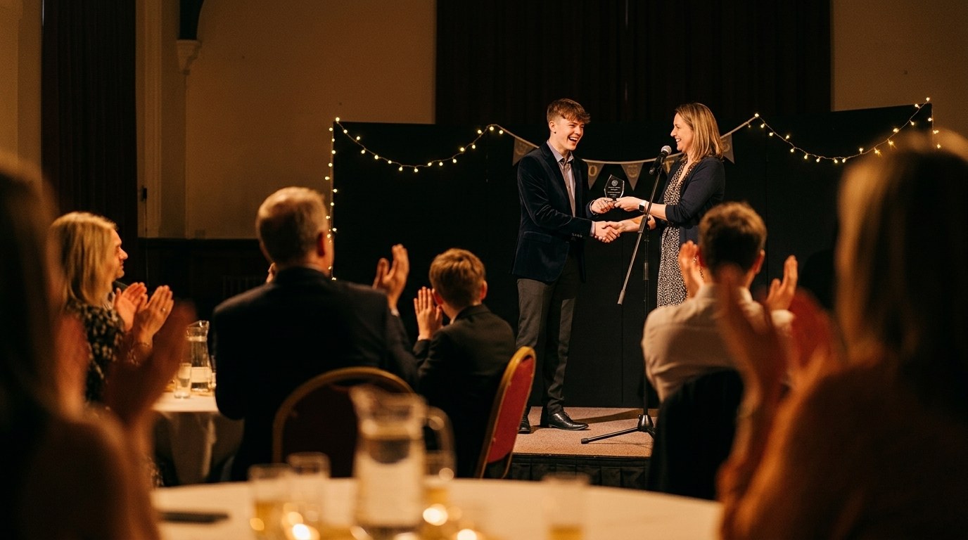 A Year 11 student collecting an award at a school leavers presentation evening