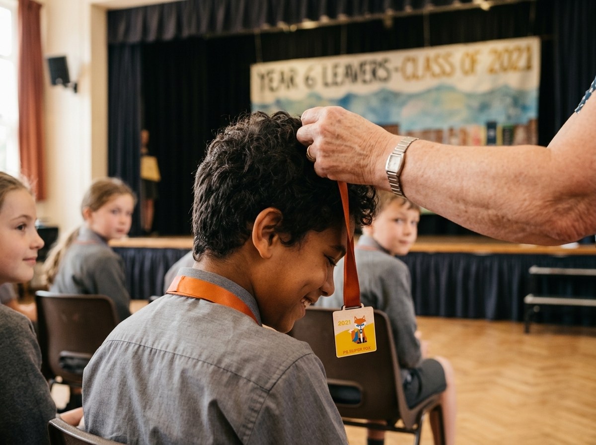 A Year 6 pupil receiving a personalised medal at a school leavers assembly